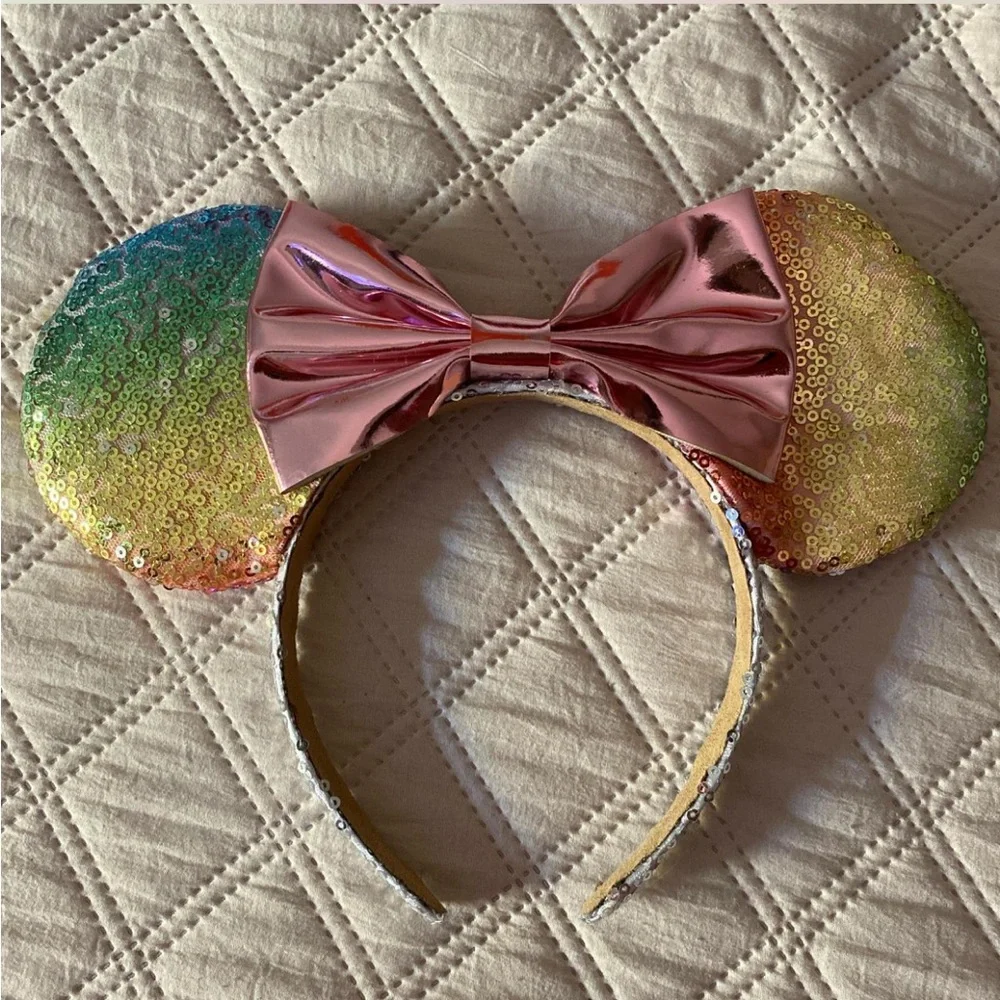 Rainbow Sequin Mouse Ears with Pink Bow